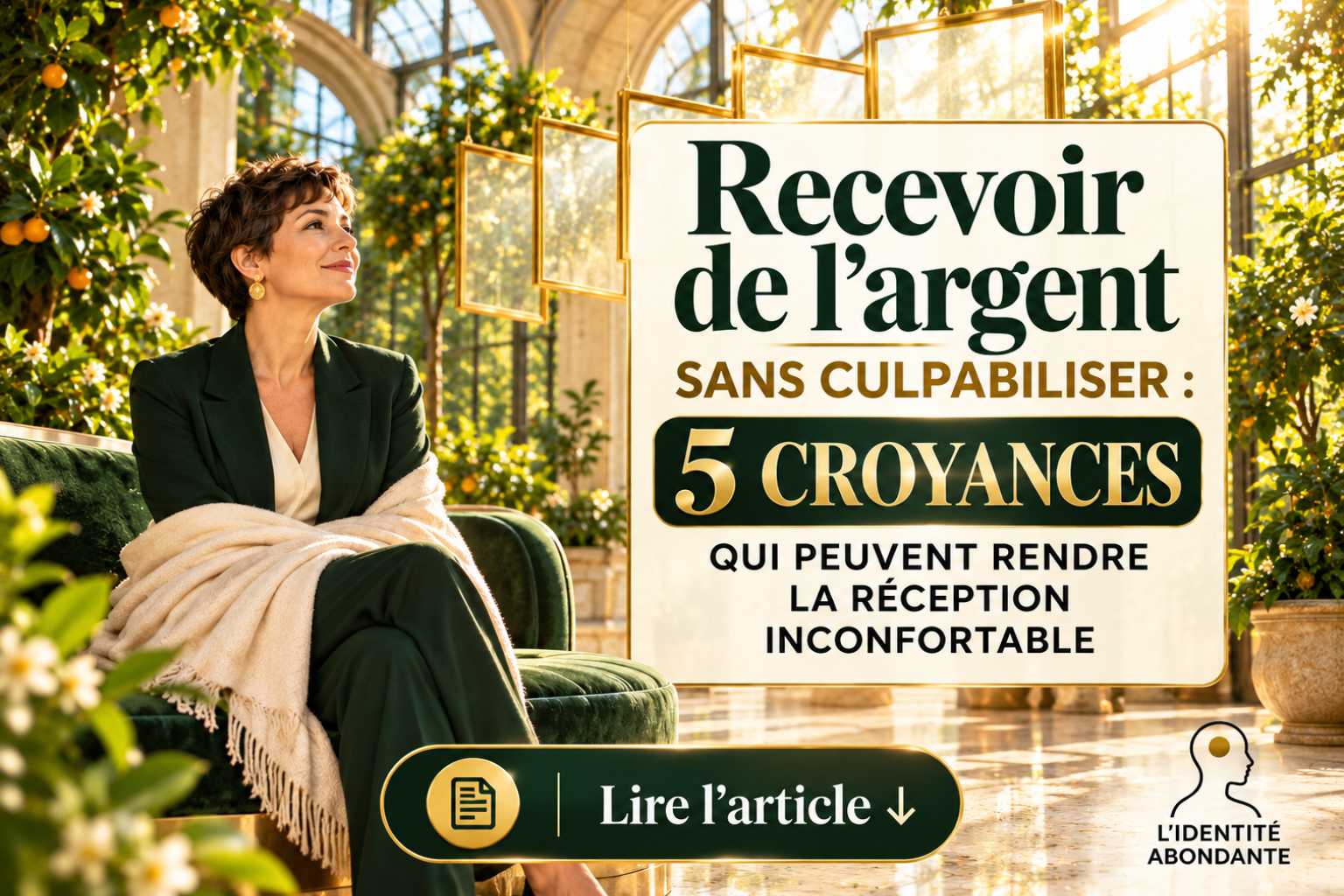 Femme mature assise dans un fauteuil vert au cœur d’une verrière lumineuse entourée de végétation, à côté du texte « Recevoir de l’argent sans culpabiliser : 5 croyances qui peuvent rendre la réception inconfortable », avec un bouton « Lire l’article ». illustrant les croyances limitantes, la culpabilité et la difficulté à recevoir de l’argent sereinement.