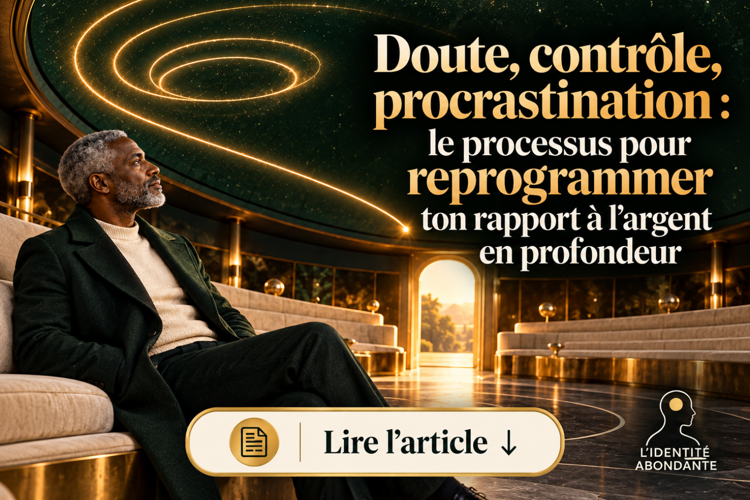 Homme mature assis dans un espace sombre et élégant sous un ciel étoilé parcouru de spirales lumineuses dorées, illustrant le doute, le contrôle et la procrastination dans le processus de reprogrammation de la relation à l’argent, avec une ouverture lumineuse à l’arrière-plan symbolisant une nouvelle manière d’avancer.