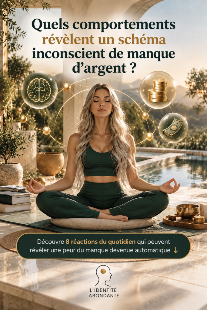 Femme blonde assise en méditation au bord d’une piscine, dans une villa lumineuse entourée de végétation, avec des représentations symboliques du cerveau, de pièces et d’argent autour d’elle, illustrant les comportements liés à un schéma inconscient de manque d’argent.