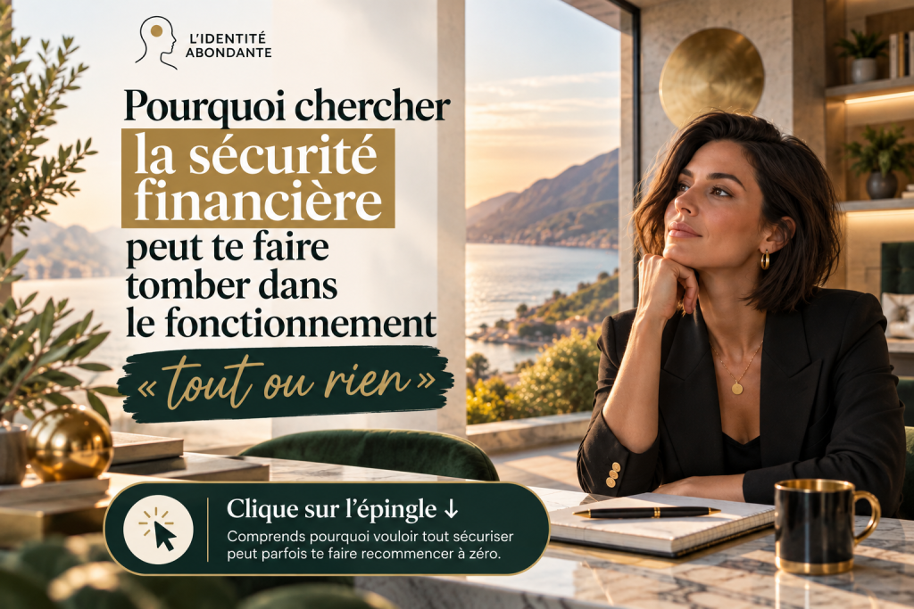 Femme brune élégante assise dans un intérieur lumineux face à un paysage méditerranéen, le regard pensif tourné vers l’extérieur, illustrant la recherche de sécurité financière et la réflexion intérieure liée au fonctionnement tout ou rien. L’image représente le contraste entre une situation extérieure apparemment stable et le sentiment de sécurité financière, la peur du manque ou le besoin de tout contrôler pour se sentir rassuré.