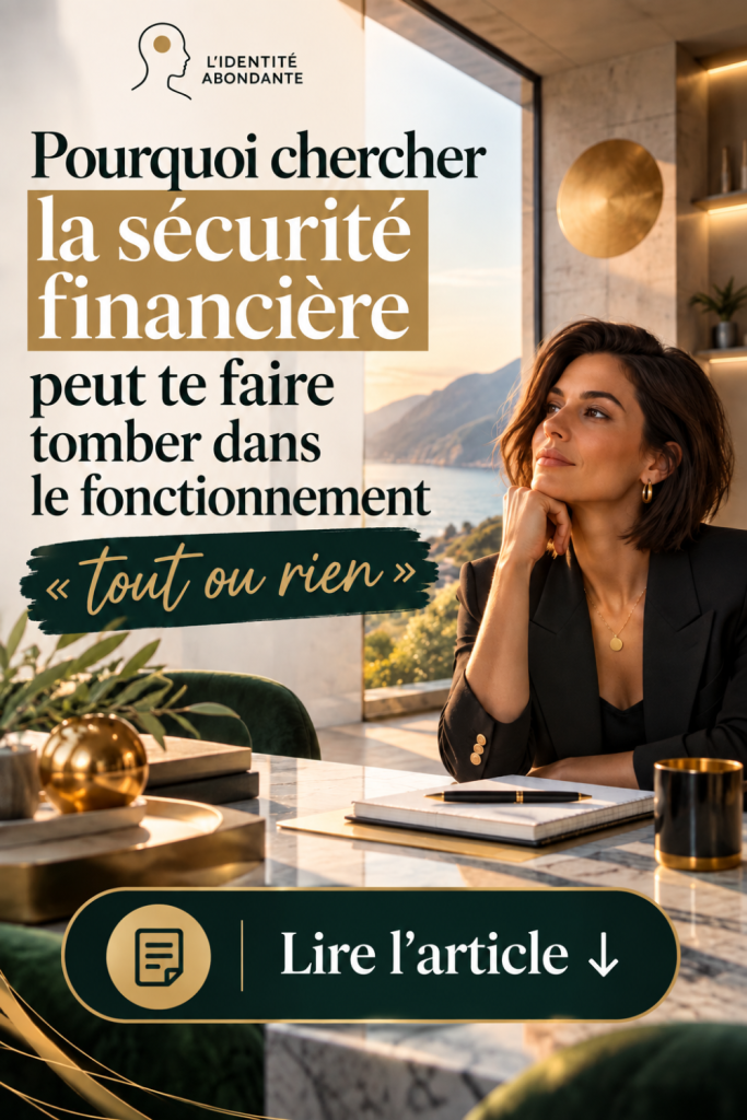 Femme brune assise à un bureau dans un intérieur contemporain lumineux, le menton posé sur la main et le regard pensif tourné vers l’extérieur, illustrant une réflexion sur la sécurité financière, le besoin de tout sécuriser et le fonctionnement « tout ou rien » dans la relation à l’argent. La scène évoque le moment où la recherche excessive de certitude peut influencer les décisions financières et conduire à renoncer, reporter une action ou recommencer à zéro.