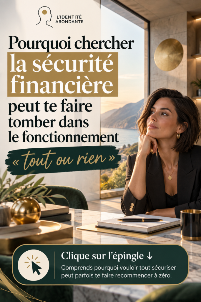 Femme brune assise à un bureau dans un intérieur contemporain lumineux, le menton posé sur la main et le regard pensif tourné vers l’extérieur, illustrant une réflexion sur la sécurité financière, le besoin de tout sécuriser et le fonctionnement « tout ou rien » dans la relation à l’argent. La scène évoque le moment où la recherche excessive de certitude peut influencer les décisions financières et conduire à renoncer, reporter une action ou recommencer à zéro.