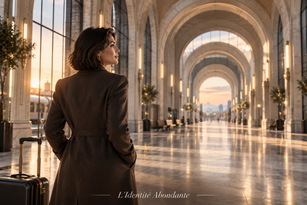 Femme avançant vers des seuils successifs, illustration du sentiment de sécurité financière qui semble toujours s’éloigner.