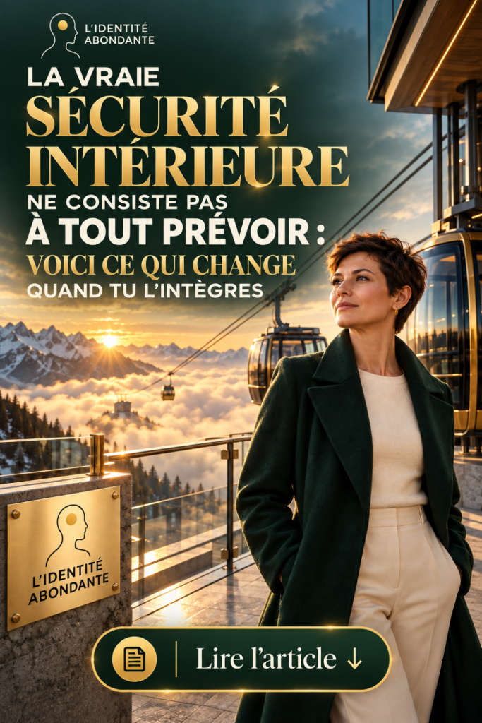 Femme mature en manteau vert profond sur une terrasse de montagne au lever du soleil, devant des télécabines, des sommets enneigés et une mer de nuages, avec le message « La vraie sécurité intérieure ne consiste pas à tout prévoir », illustrant le besoin de contrôle, la confiance intérieure et la sécurité financière face à l’incertitude.
