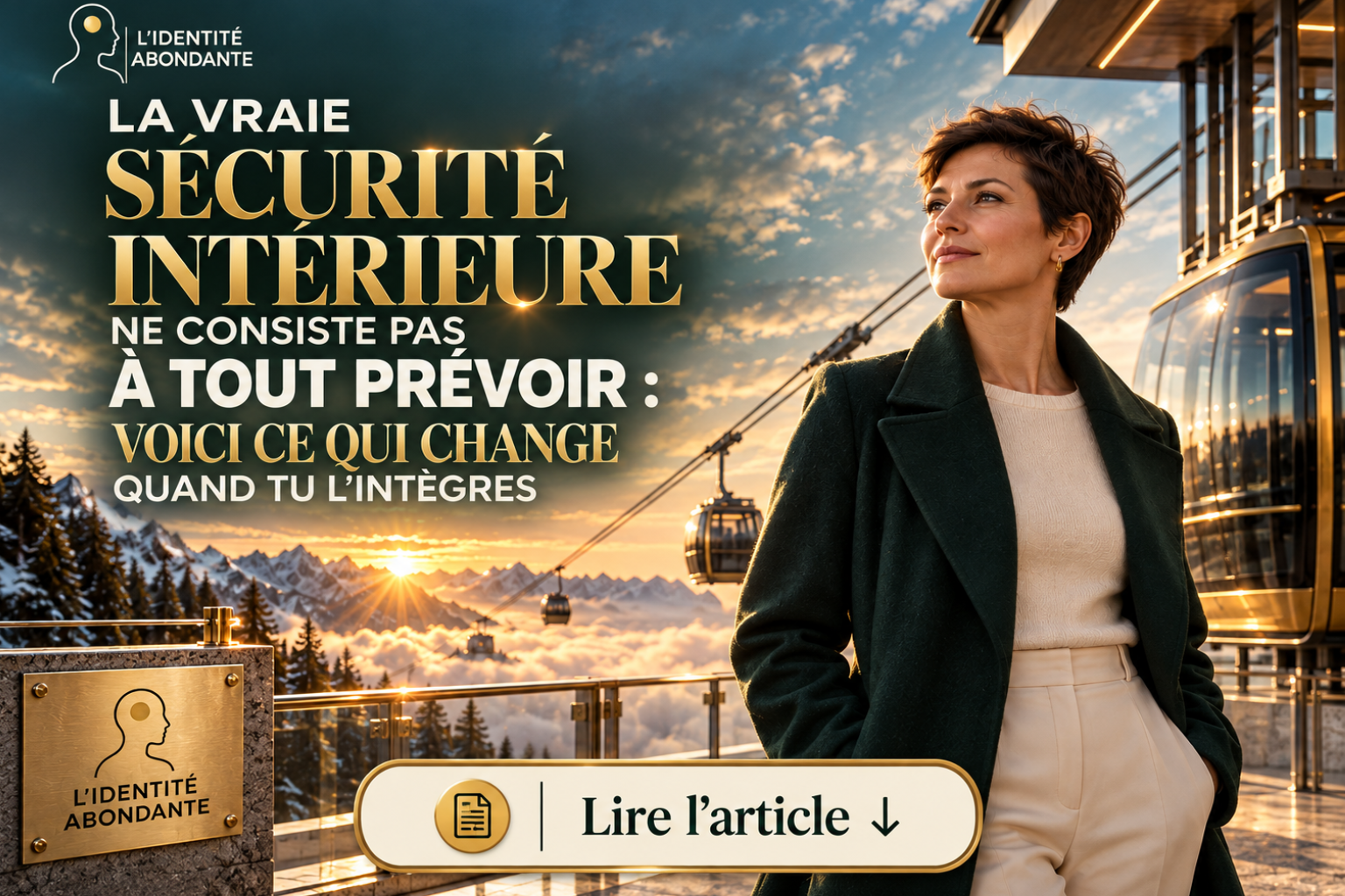Femme mature aux cheveux courts, vêtue d’un long manteau vert foncé et d’une tenue crème, debout sur la terrasse d’une station de montagne face à des sommets enneigés au coucher du soleil, avec plusieurs télécabines en arrière-plan. Le visuel affiche « La vraie sécurité intérieure ne consiste pas à tout prévoir : voici ce qui change quand tu l’intègres » et illustre le passage du besoin de contrôle à une confiance intérieure plus stable.
