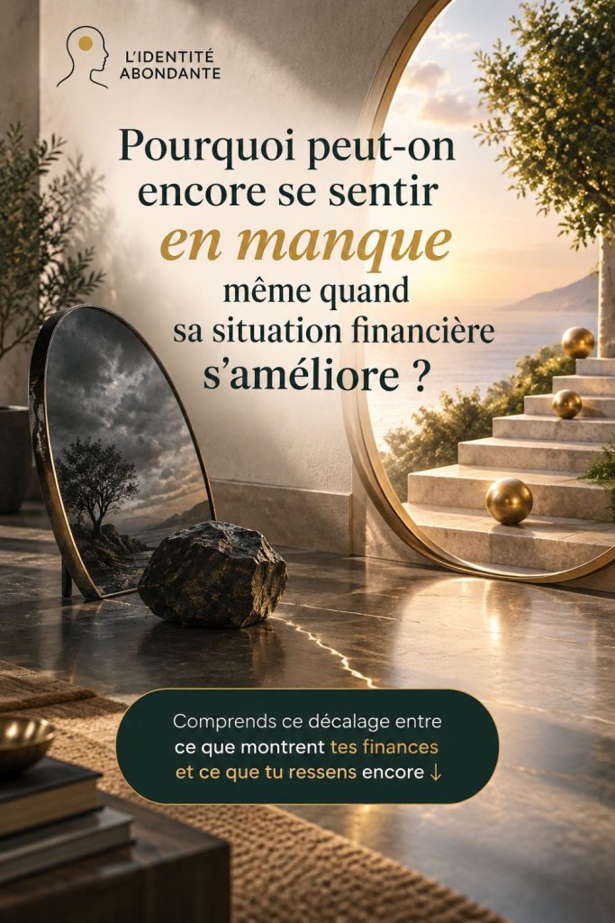 Intérieur contemporain lumineux opposant un miroir sombre à une ouverture ensoleillée, pour illustrer le sentiment de manque d’argent qui peut persister malgré une situation financière qui s’améliore.