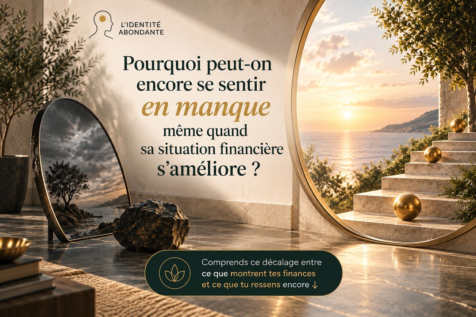 Illustration d’un intérieur contemporain avec un miroir sombre à gauche et une grande ouverture lumineuse sur la mer à droite, symbolisant le décalage entre un sentiment de manque persistant et une situation financière qui s’améliore.