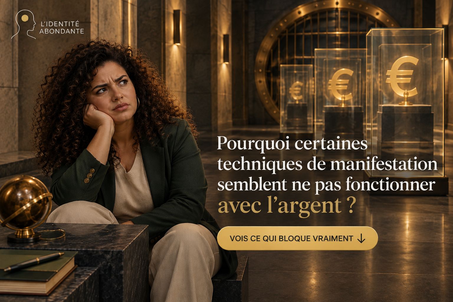 Femme pensive face à des symboles de l’euro illustrant les blocages liés aux techniques de manifestation avec l’argent