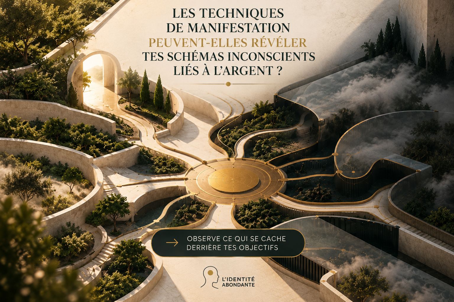 Techniques de manifestation et schémas inconscients liés à l’argent représentés par plusieurs chemins entre ombre et lumière