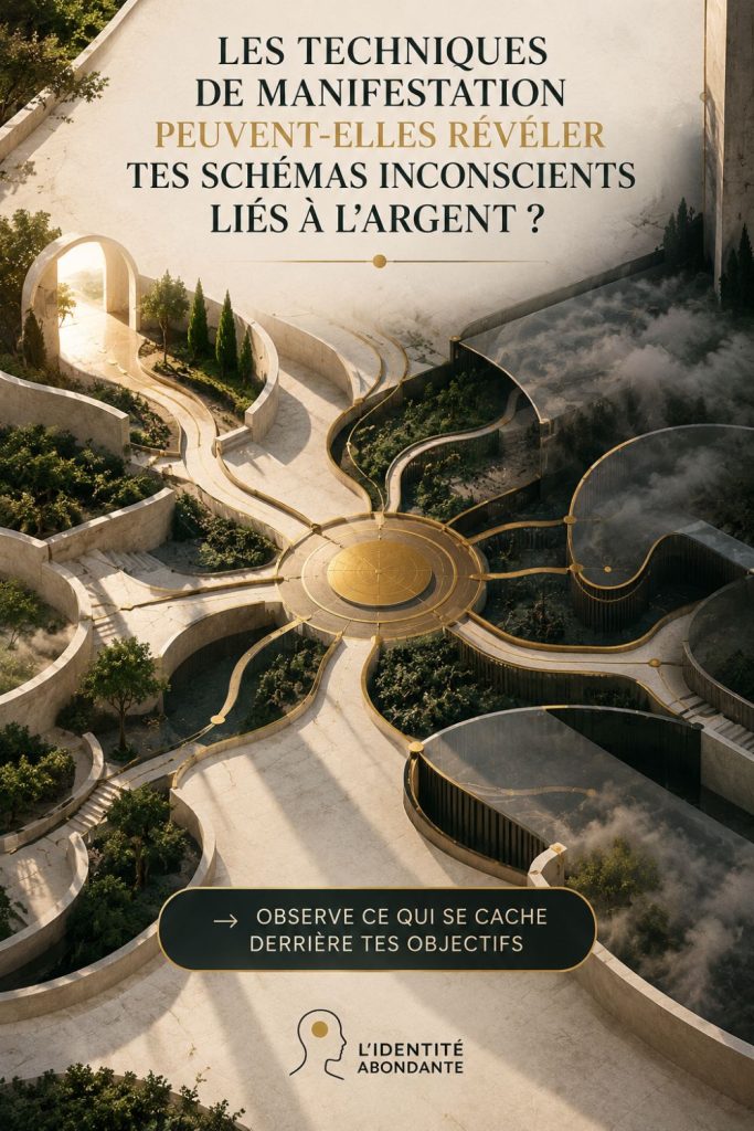 Techniques de manifestation et schémas inconscients liés à l’argent représentés par plusieurs chemins entre lumière et zones d’ombre.