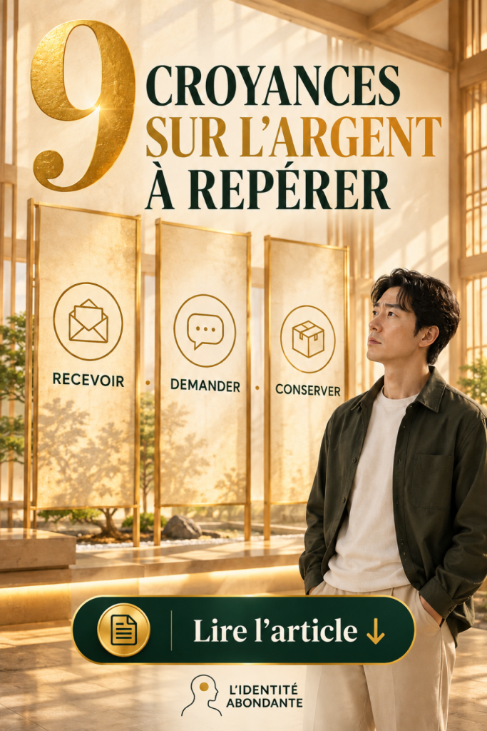 Visuel « 9 croyances sur l’argent à repérer » avec un homme en réflexion et trois axes illustrés : recevoir, demander et conserver, pour identifier des croyances limitantes liées à la relation à l’argent.