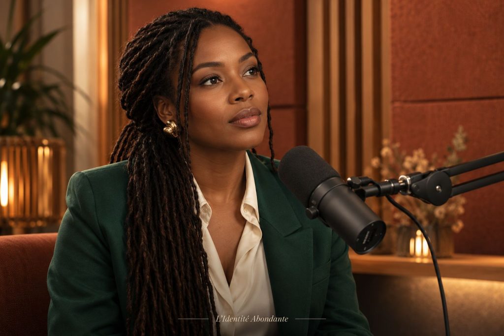 une femme noire aux longues locks fines, attachée devant un microphone dans un studio aux panneaux terracotta ; scène illustrant l’essai à voix haute d’une affirmation personnelle sur l’argent.