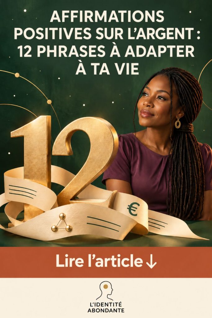 Épingle illustrant les affirmations positives sur l’argent : 12 phrases à adapter à sa vie, avec une femme aux longues locks, un grand nombre 12 doré sur fond vert profond et le texte « Lire l’article » avec une flèche vers le bas.
