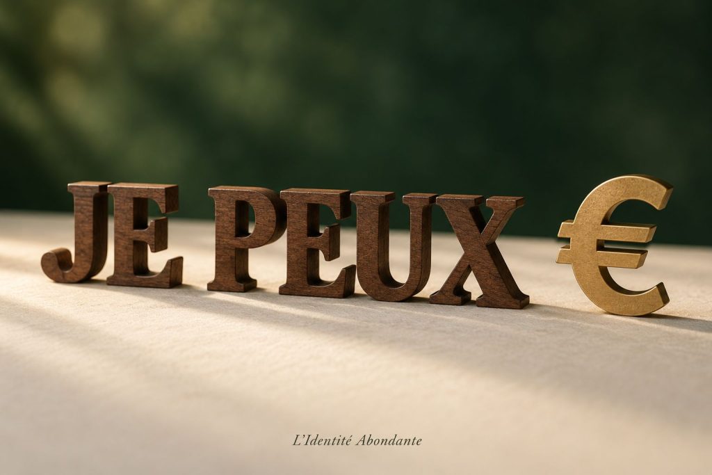 Lettres de typographie formant « JE PEUX » sur une surface crème, avec un caractère euro à côté ; composition illustrant la personnalisation d’une affirmation sur l’argent.