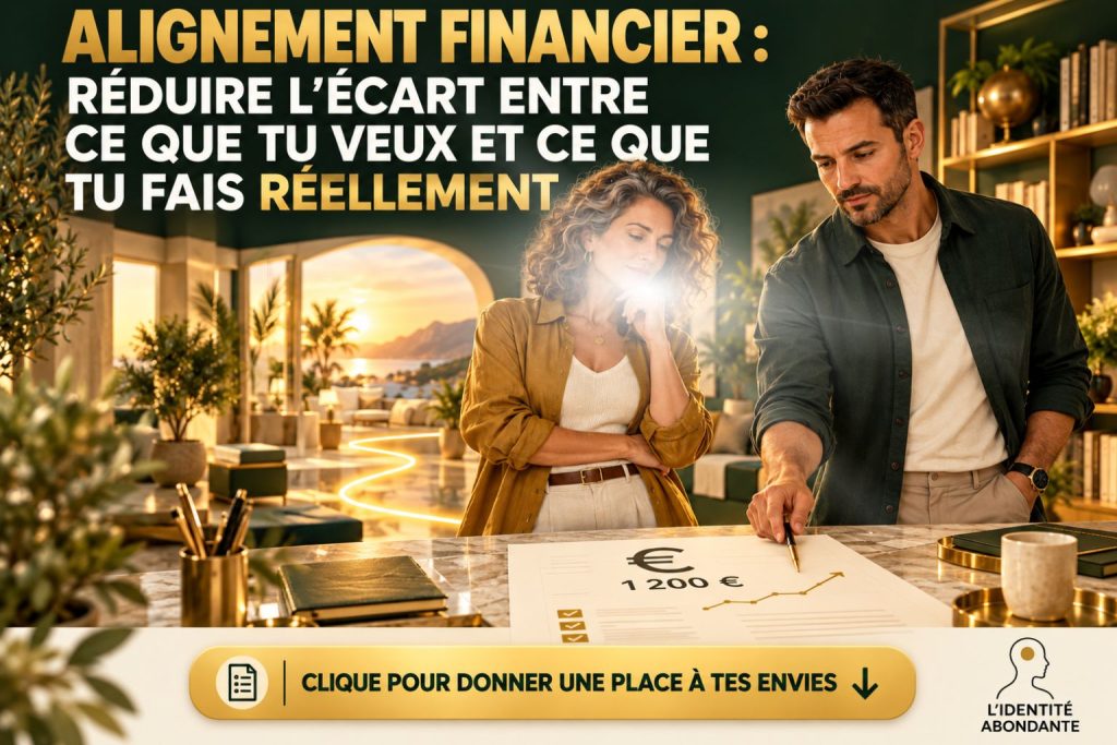 Un homme et une femme examinent un document financier indiquant 1 200 € et une courbe ascendante dans un intérieur lumineux ; illustration de l’alignement financier entre ce que l’on souhaite, ses décisions et ses comportements réels avec l’argent.