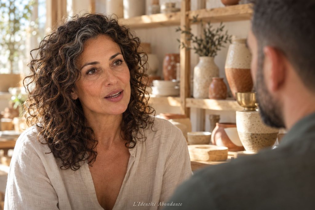 Femme parlant à une personne dans un atelier de céramique ; scène illustrant une demande formulée avec attention dans un échange lié à l’argent.