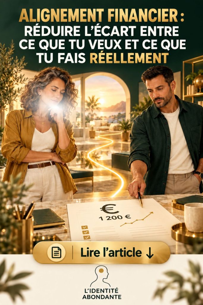 Affiche sur l’alignement financier montrant une femme mature aux cheveux bouclés, pensive, et un homme brun désignant un document financier avec le montant 1 200 €, un symbole euro et un graphique ascendant. Un chemin lumineux doré les relie dans un intérieur élégant vert et or.