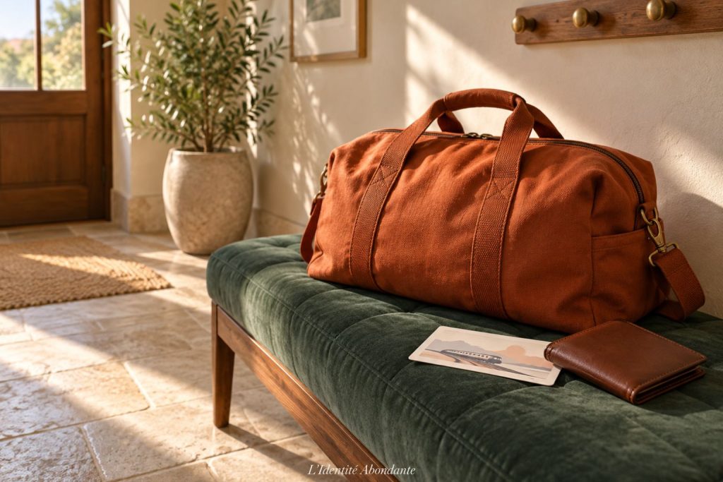 Petit sac de voyage terracotta, portefeuille fermé et billet de train sans texte lisible posés sur une banquette d’entrée ; objets évoquant le passage d’un projet souhaité à sa préparation concrète.