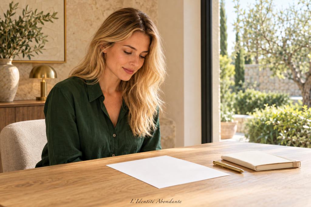 Femme aux cheveux blonds assis devant une fiche vierge et un carnet fermé sur une table en bois clair, près d’une fenêtre donnant sur un jardin.