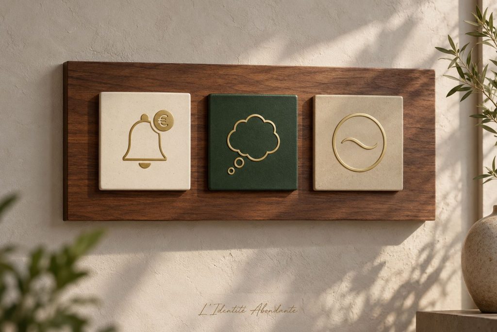 Trois plaques de céramique sur un support en noyer : une notification avec symbole euro, une bulle de pensée et un repère circulaire.