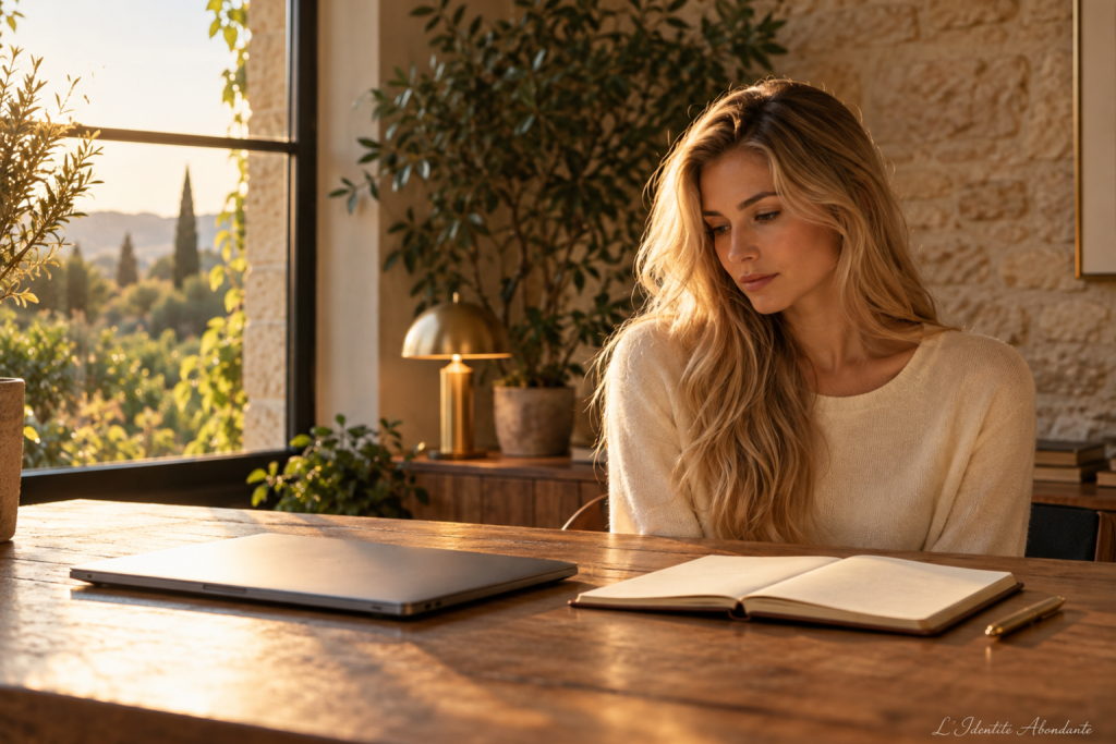 Femme aux cheveux blonds regardant un ordinateur fermé et un carnet ouvert, assise près d’une fenêtre dans un intérieur chaleureux.