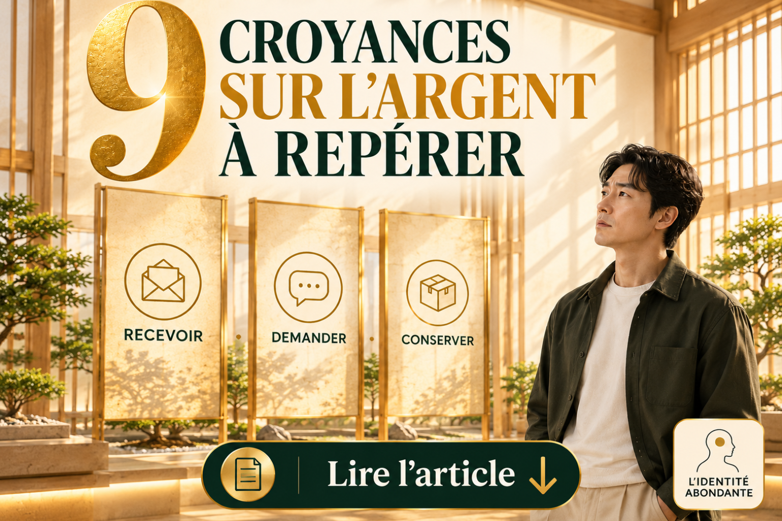 Illustration de couverture sur 9 croyances limitantes sur l’argent à repérer, autour du fait de recevoir, demander et conserver davantage, avec un homme pensif dans un intérieur lumineux.