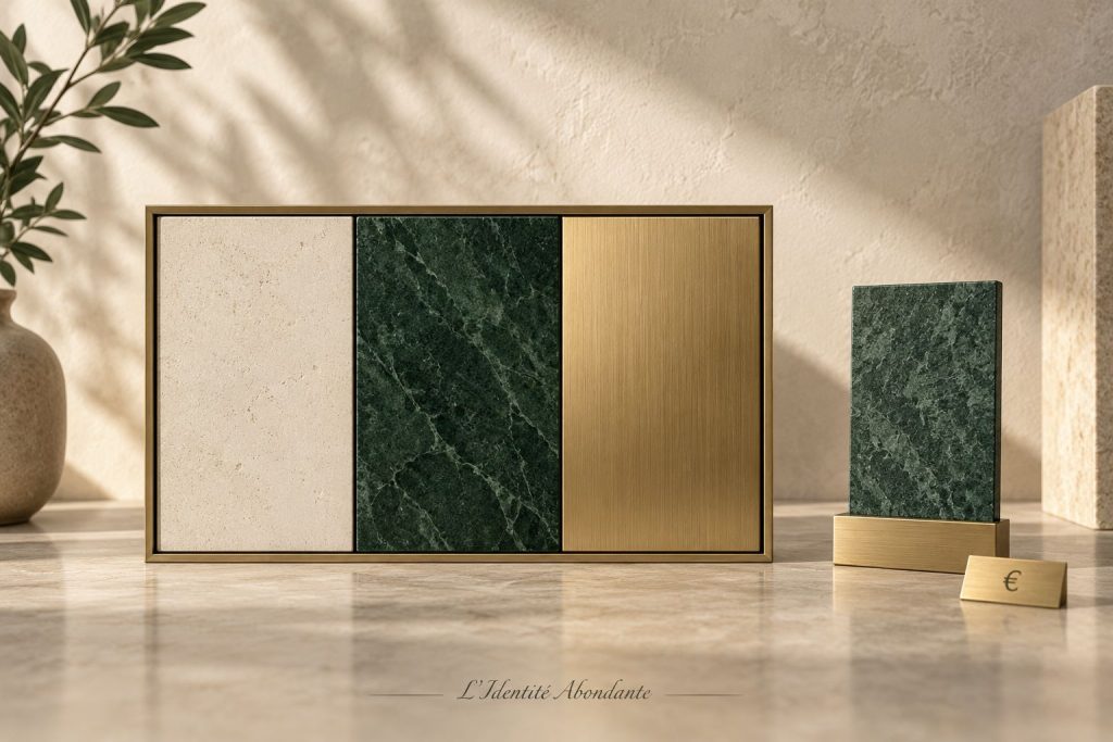 Trois échantillons crème, vert et laiton assemblés dans un cadre, avec un quatrième échantillon posé séparément.