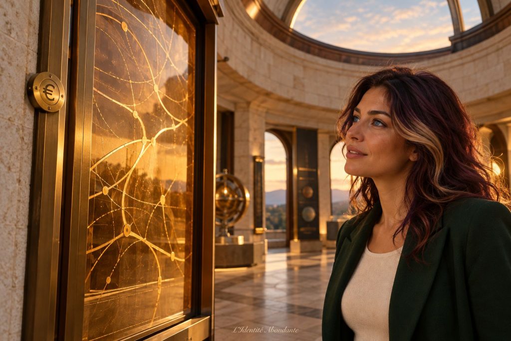Femme devant un panneau ouvert révélant des chemins gravés dans le verre ambré, avec un discret symbole euro.