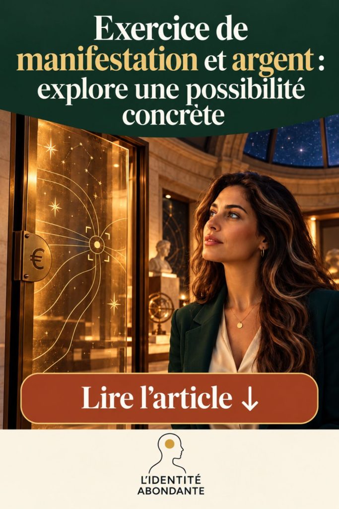 Illustration d’un exercice de manifestation et argent : femme brune en veste vert profond devant une porte dorée ornée d’un symbole euro et de motifs lumineux, évoquant une possibilité financière à explorer. Titre « Exercice de manifestation et argent : explore une possibilité concrète » et invitation « Lire l’article ».
