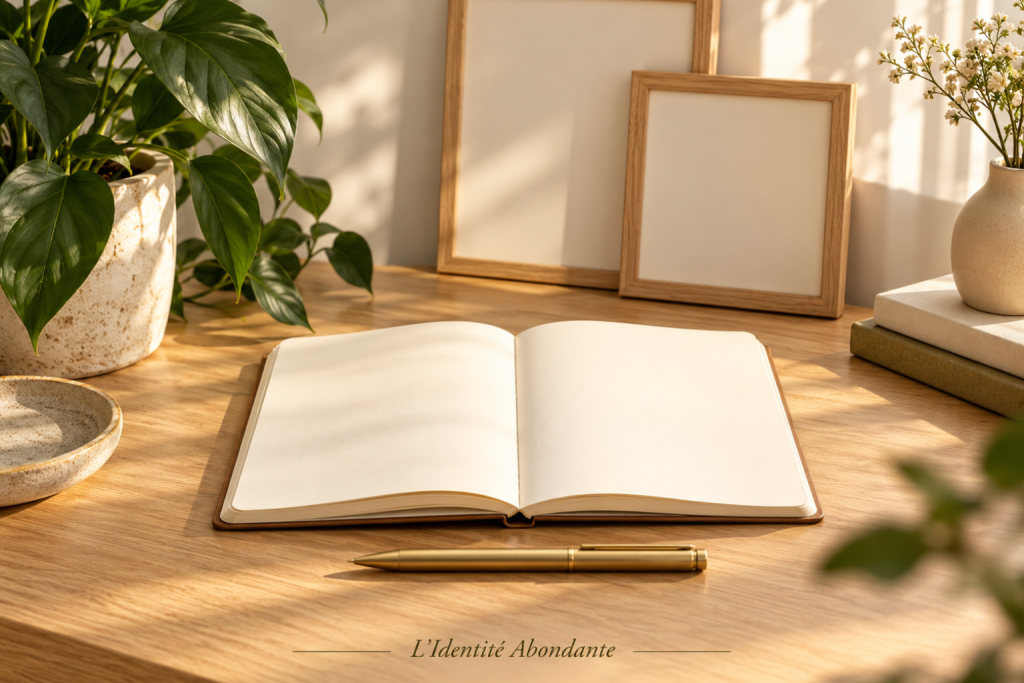Carnet ouvert aux pages vierges sur un bureau en chêne, avec un stylo en laiton et deux cadres en bois de tailles différentes.