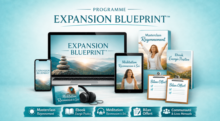 Présentation d’Expansion Blueprint sur ordinateur, tablette et téléphone, avec les visuels de la masterclass Rayonnement, de l’ebook Énergie Positive et de la méditation Reconnexion à Soi.