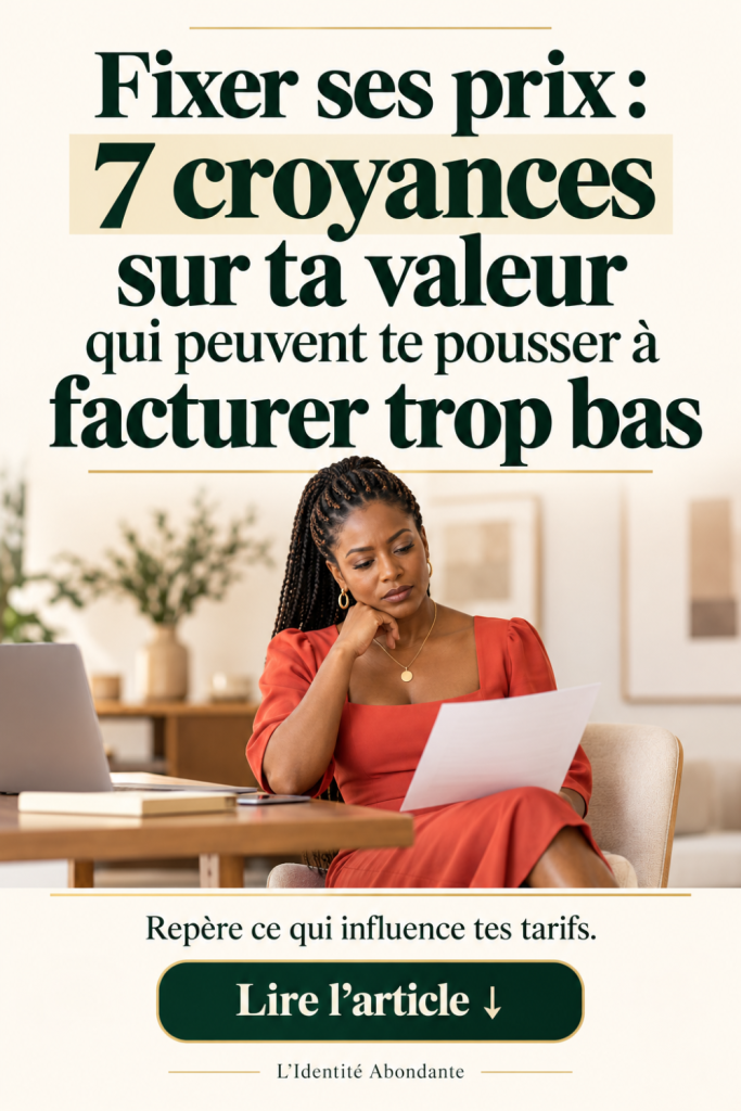 Femme entrepreneure consultant un document devant son ordinateur, avec le titre « Fixer ses prix : 7 croyances sur ta valeur qui peuvent te pousser à facturer trop bas », illustrant l’influence des croyances sur la valeur dans la tarification d’une prestation.