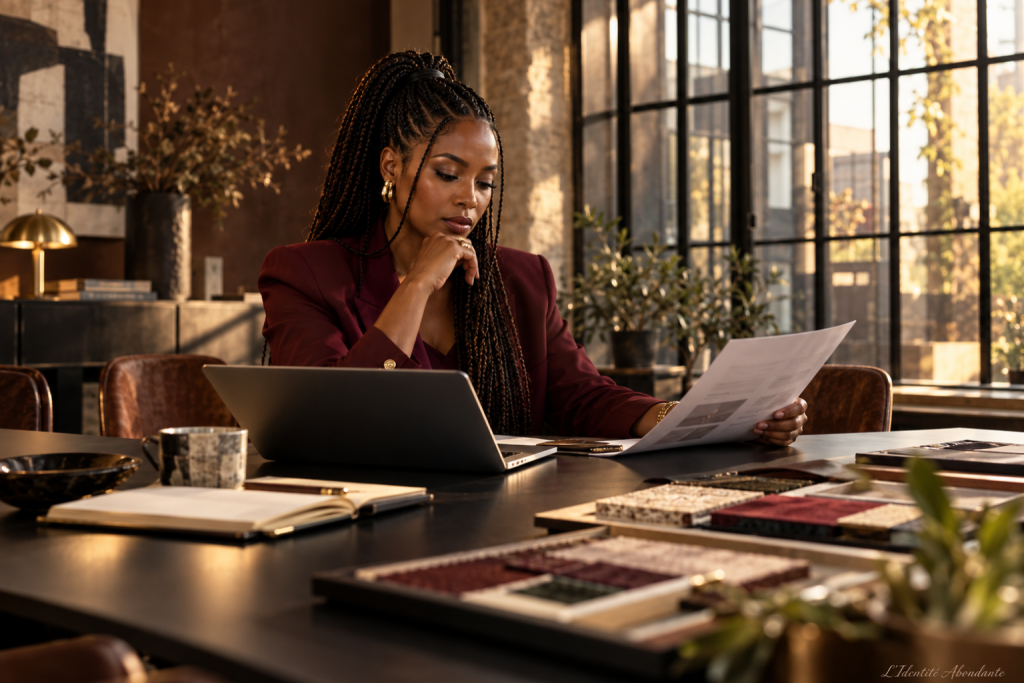 Femme entrepreneure réfléchissant à son tarif avant d’annoncer le prix de sa prestation.