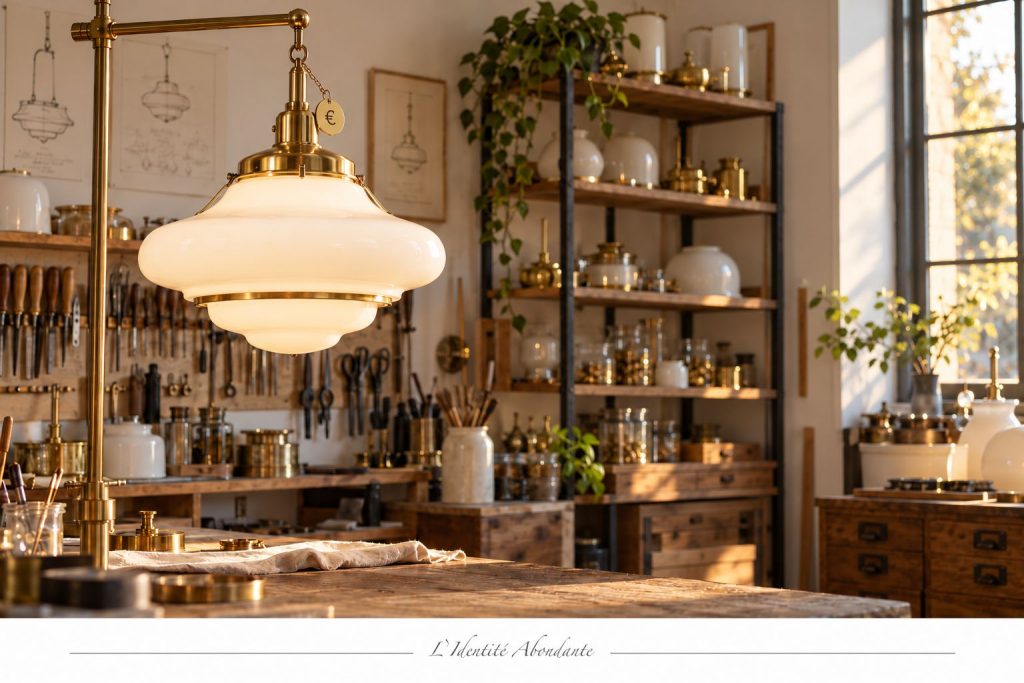 Femme en veste verte observant une suspension restaurée dans un atelier crème, avec une petite étiquette portant un symbole euro.