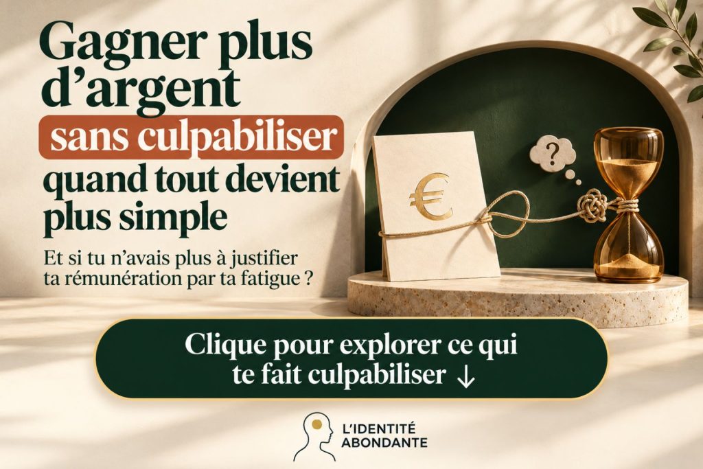 Illustration sur le fait de gagner plus d’argent sans culpabiliser : texte vert profond et terracotta sur fond crème, carte marquée d’un euro reliée par une corde à un sablier doré, symbole du lien entre rémunération, effort et temps de travail.