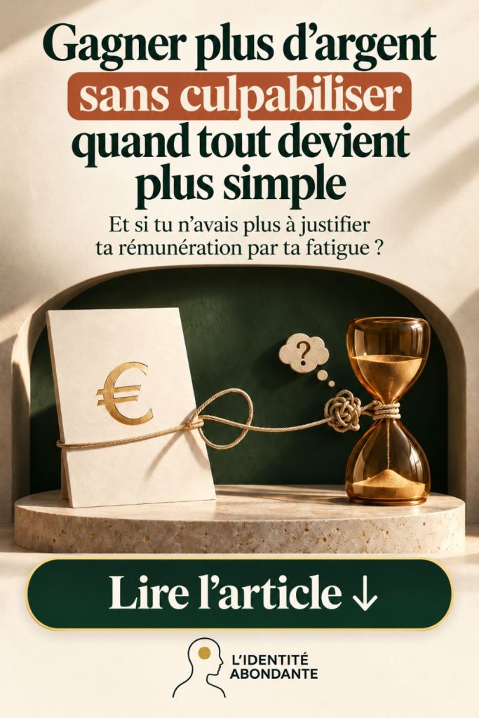 Illustration sur le fait de gagner plus d’argent sans culpabiliser : une carte portant le symbole euro est reliée par une corde nouée à un sablier doré, dans une alcôve vert profond. Le visuel affiche « Gagner plus d’argent sans culpabiliser quand tout devient plus simple » et « Lire l’article ↓ ».