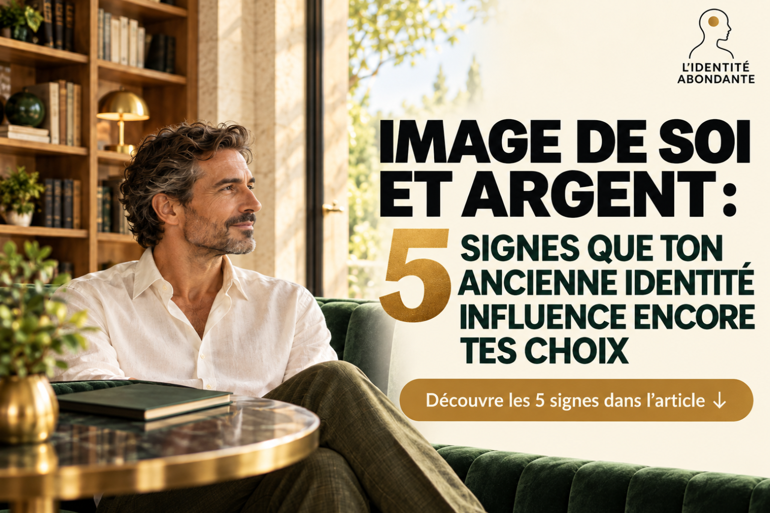 Homme mature assis dans un salon lumineux, regard tourné vers l’extérieur, à côté du titre « Image de soi et argent : 5 signes que ton ancienne identité influence encore tes choix », pour illustrer la manière dont une ancienne perception de soi peut encore intervenir dans les décisions liées à l’argent.