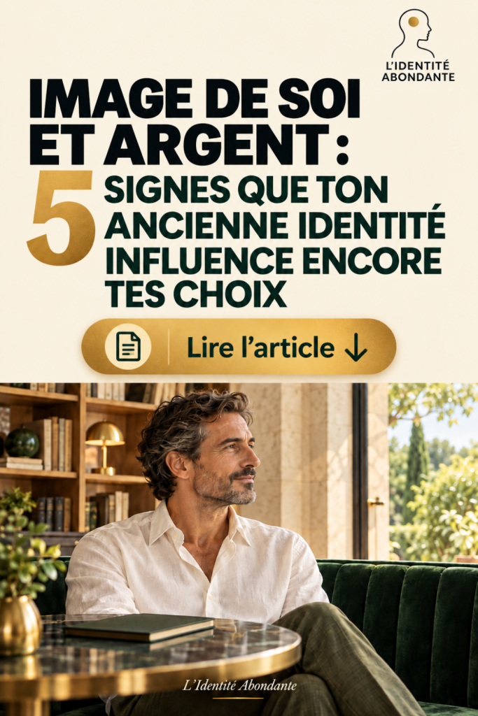 Affiche sur fond crème et doré présentant le titre « Image de soi et argent : 5 signes que ton ancienne identité influence encore tes choix ». Un grand chiffre 5 doré accompagne le texte vert profond, avec un appel à lire l’article et une flèche descendante. En dessous, un homme méditerranéen mature aux cheveux bruns grisonnants, vêtu d’une chemise blanche, est assis sur un canapé vert dans un salon lumineux avec bibliothèque, carnet et table en marbre. Son regard pensif illustre une réflexion sur son image de soi, ses anciennes croyances et leur influence possible sur ses décisions liées à l’argent.