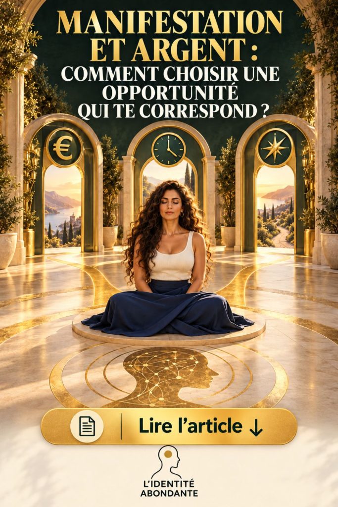 Femme brune aux cheveux longs et bouclés, assise les yeux fermés dans un palais lumineux, devant trois arches dorées ornées d'un euro, d'une horloge et d'une boussole. Une illustration de la manifestation et de l'argent, associée au choix d'une opportunité financière qui correspond à ses priorités.
