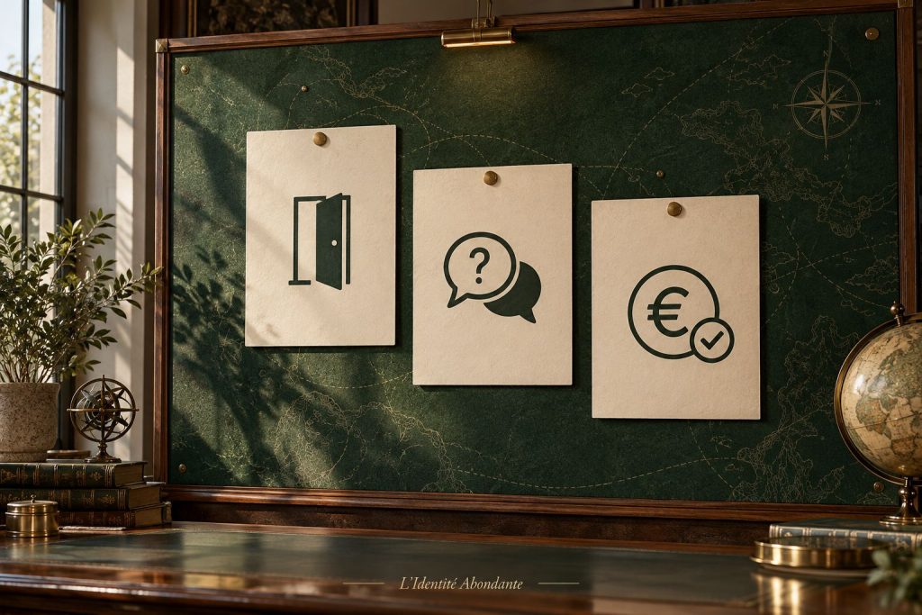 Trois cartes sur une paroi verte : porte ouverte, bulles de dialogue et symbole euro, pour évoquer l’accueil et la clarification d’une possibilité.