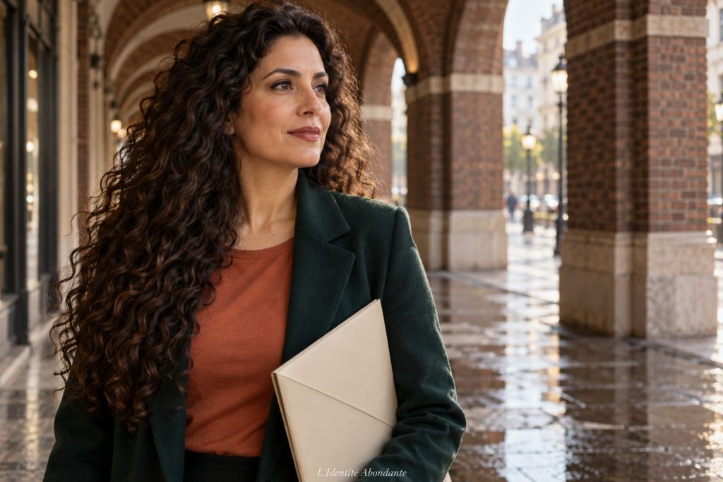 Femme marquant une pause sous une galerie urbaine, une enveloppe contre lui ; scène évoquant le recul avant de répondre à une proposition.