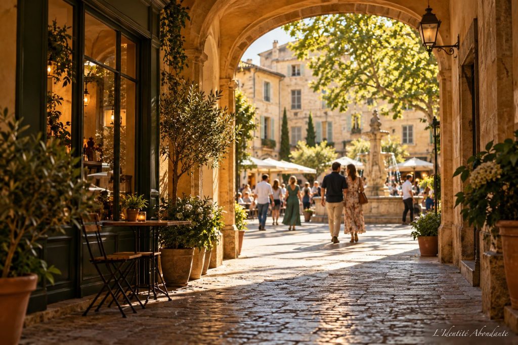 Un passage urbain vers une place animée ; scène évoquant l’ouverture aux possibilités ordinaires après une visualisation liée à l’argent.