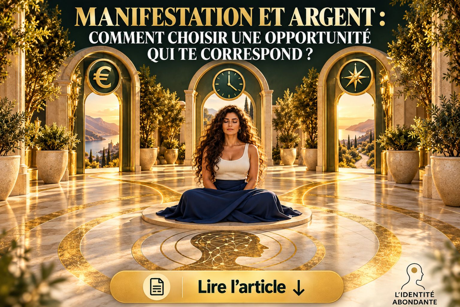 Femme méditerranéenne aux cheveux bruns bouclés assise en méditation au centre d'un espace lumineux entouré de trois arches symbolisant différentes opportunités de vie. Une arche représente l'argent avec le symbole euro, une autre le temps avec une horloge et la troisième une direction avec une étoile. L'image illustre la réflexion entre manifestation et argent, la visualisation et le choix d'une opportunité alignée avec sa relation à l'argent.