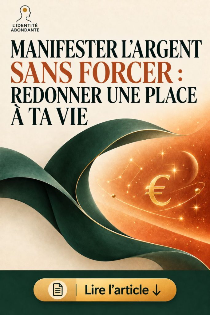 Affiche L’Identité Abondante intitulée « Manifester l’argent sans forcer : redonner une place à ta vie ». Sur fond crème, des rubans vert profond entourent un symbole euro doré lumineux, avec des étoiles et des courbes évoquant l’abondance financière. En bas, un bandeau indique « Lire l’article ↓ ». Le visuel introduit un article sur le lâcher-prise et une relation à l’argent sans pression excessive.