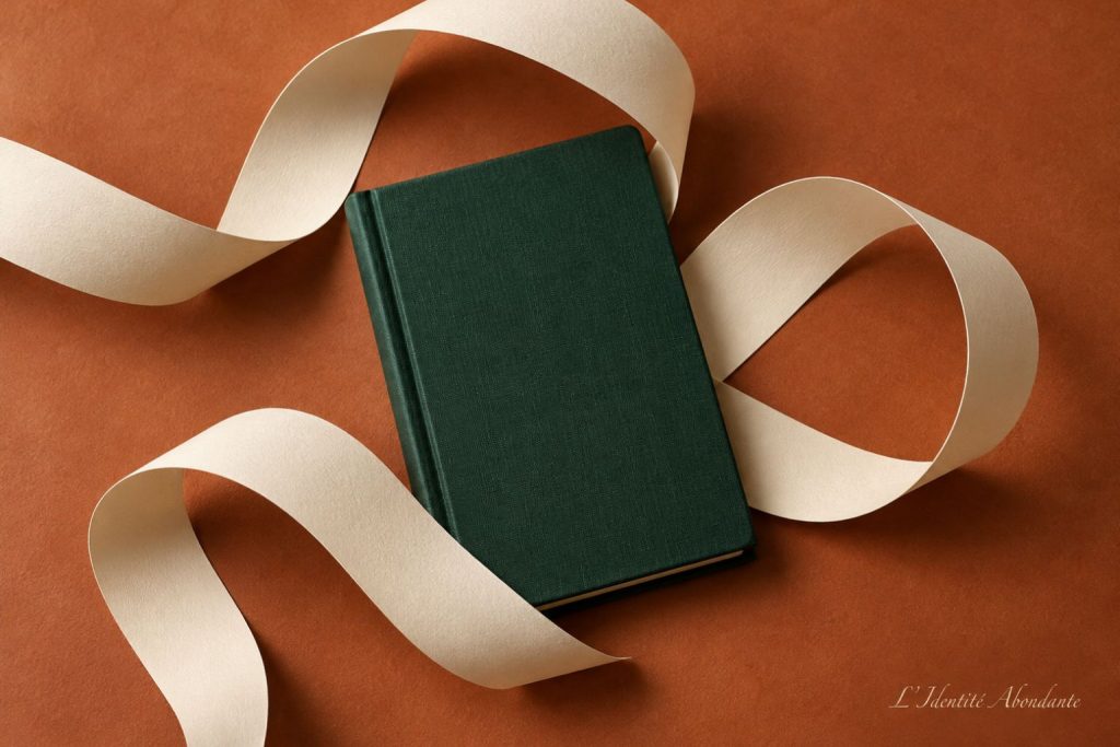Plusieurs rubans de papier crème forment des boucles autour d’un carnet fermé sur un fond terracotta ; composition symbolisant une pratique que l’on continue à vérifier après l’avoir terminée.