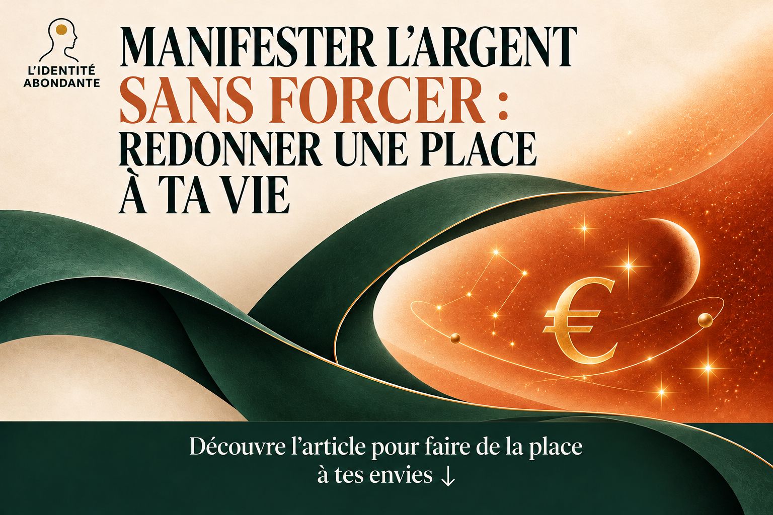 Illustration éditoriale représentant le thème « Manifester l'argent sans forcer : redonner une place à ta vie ». L'image montre le logo L'Identité Abondante, un grand titre noir et terracotta sur fond clair, des formes abstraites vert profond évoquant un mouvement fluide, ainsi qu'un symbole euro lumineux entouré d'éléments graphiques inspirés de l'univers et de la visualisation. Un encadré inférieur invite à cliquer pour découvrir l'article. Cette illustration accompagne un contenu consacré à la relation à l'argent, au lâcher-prise, à la visualisation et à une approche plus apaisée du développement personnel.