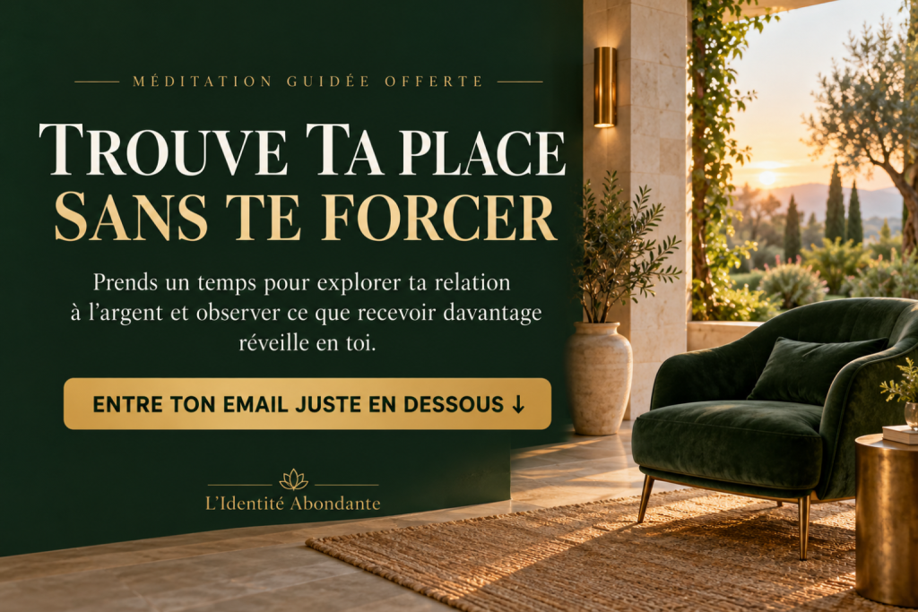 Méditation guidée offerte : trouve ta place sans te forcer et explore ta relation à l’argent. Entre ton email dans le formulaire juste en dessous.