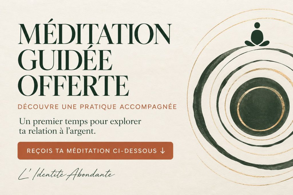 Méditation guidée offerte : « Qu’aimerais-tu accueillir ? Un temps pour explorer ta relation à l’argent. » La flèche indique le formulaire ci-dessous pour recevoir la méditation.