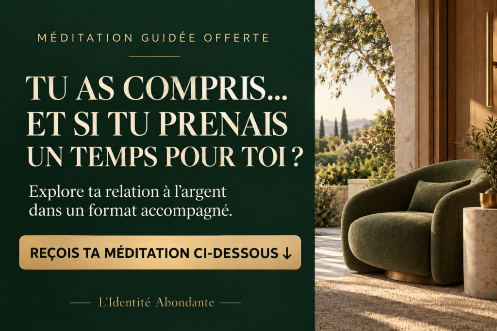 Méditation guidée offerte : explore ta relation à l’argent dans un format accompagné. Reçois ta méditation grâce au formulaire ci-dessous.