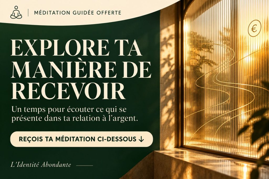 Méditation guidée offerte : « Quelle abondance souhaites-tu explorer ? » Une flèche vers le bas indique le formulaire pour la recevoir.